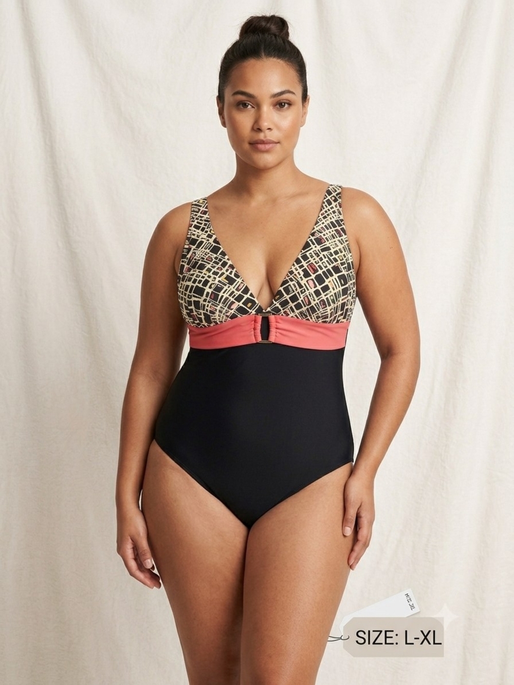 Plus-Size Black One-Piece Swimsuit with Coral Band and Geo Print